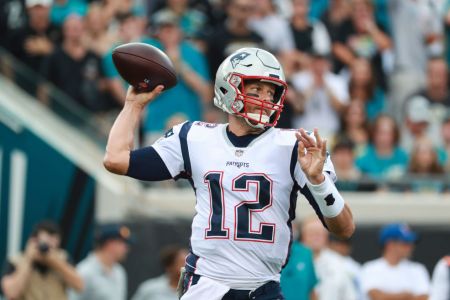 JACKSONVILLE, FL - SEPTEMBER 16: Tom Brady #12 of the New England Patriots drops back to pass against the Jacksonville Jaguars at TIAA Bank Field on September 16, 2018 in Jacksonville, Florida.  (Photo by Scott Halleran/Getty Images)