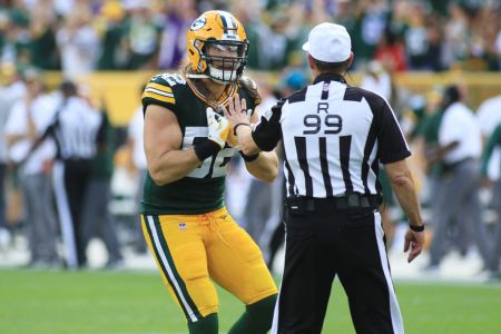 GREEN BAY, WI - SEPTEMBER 16:  Green Bay Packers linebacker Clay Matthews (52) pleads his case with referee Tony Corrente (99) during a game between the Green Bay Packers and the Minnesota Vikings at Lambeau Field on September 16, 2018 in Green Bay, WI. (Photo by Larry Radloff/Icon Sportswire via Getty Images)