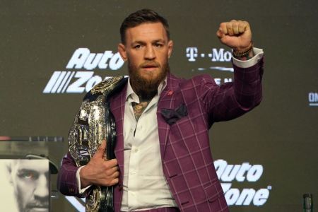 Two-division UFC champion Conor McGregor of Ireland arrives for a press conference at Radio City Music Hall in New York September 20, 2018 to announce his mixed martial arts match against UFC lightweight champion Khabib Nurmagomedov of Russia. (Photo credit should read TIMOTHY A. CLARY/AFP/Getty Images)