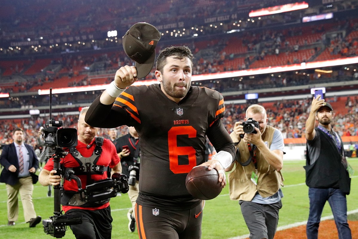 CLEVELAND, OH - SEPTEMBER 20:  Baker Mayfield #6 of the Cleveland Browns runs off the field after a 21-17 win over the New York Jets at FirstEnergy Stadium on September 20, 2018 in Cleveland, Ohio. (Photo by Joe Robbins/Getty Images)