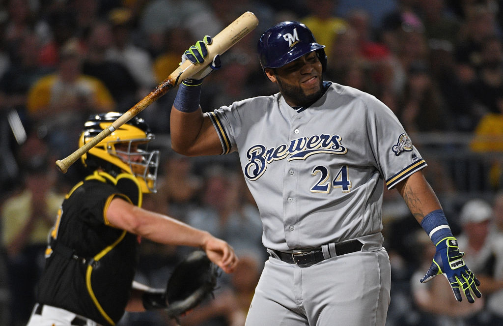 PITTSBURGH, PA - SEPTEMBER 21: Jesus Aguilar #24 of the Milwaukee Brewers reacts after striking out in the fourth inning during the game against the Pittsburgh Pirates at PNC Park on September 21, 2018 in Pittsburgh, Pennsylvania. (Photo by Justin Berl/Getty Images)