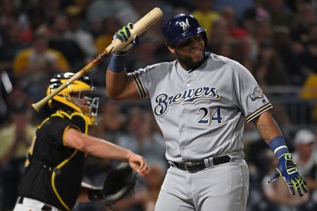 PITTSBURGH, PA - SEPTEMBER 21: Jesus Aguilar #24 of the Milwaukee Brewers reacts after striking out in the fourth inning during the game against the Pittsburgh Pirates at PNC Park on September 21, 2018 in Pittsburgh, Pennsylvania. (Photo by Justin Berl/Getty Images)