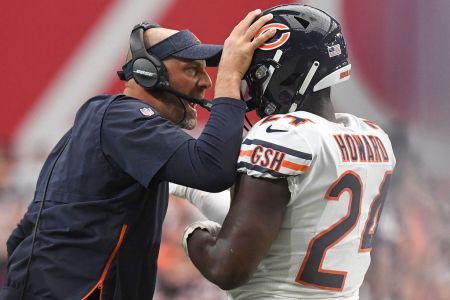 GLENDALE, AZ - SEPTEMBER 23:  Running back Jordan Howard #24 of the Chicago Bears celebrates with head coach Matt Nagy after scoring a one yard touchdown in the second half of the NFL game against the Arizona Cardinals at State Farm Stadium on September 23, 2018 in Glendale, Arizona.  (Photo by Jennifer Stewart/Getty Images)