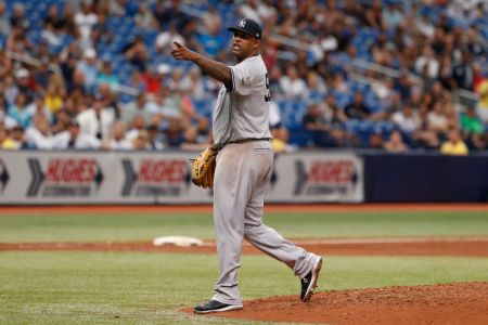ST. PETERSBURG, FL - SEPTEMBER 27: New York Yankees starting pitcher CC Sabathia (52) yells at the Rays dugout after being ejected from the game for hitting Tampa Bay Rays catcher Jesus Sucre (45) in the 6th inning. (Photo by Mark LoMoglio/Icon Sportswire via Getty Images)