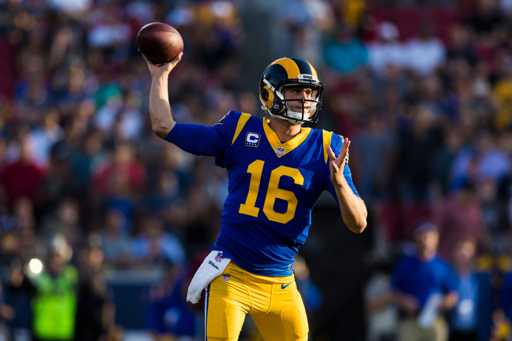 LOS ANGELES, CA - SEPTEMBER 27: Los Angeles Rams quarterback Jared Goff (16) throws during an NFL regular season football game against the Minnesota Vikings on September 27, 2018 at the Los Angeles Memorial Coliseum in Los Angeles, CA. (Photo by Ric Tapia/Icon Sportswire via Getty Images)