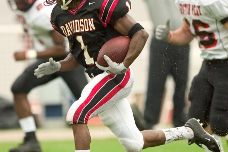Davidson WR Ryan Hubbard (#1) leaves the Austin Peay defense behind on his way to a 55-yard touchdown during first quarteraction at Stephen B. Smith Field in Davidson, NC, October 8, 2005. (Photo by Brian A.  Westerholt/Getty Images)