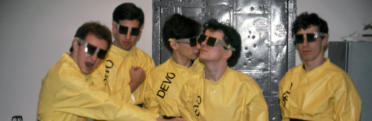 New wave group DEVO (L-R  Gerald Casale, Bob Casale, Alan Myers, Mark Mothersbaugh and Bob Mothersbaugh) poses for a portrait backstage at the Punch & Judy Theater on October 27, 1978  in Grosse Pointe Farms, Michigan. (Photo by Michael Marks/Michael Ochs Archives/Getty Images)