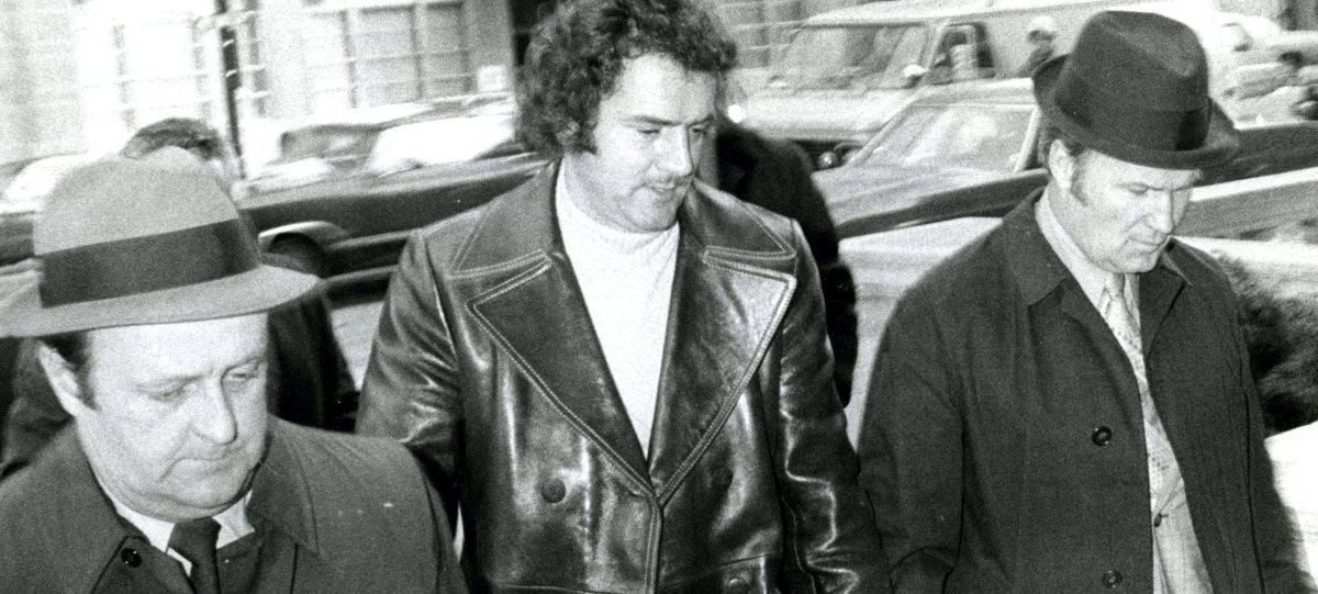 Francis Salemme is brought into Boston Police Headquarters on December 18, 1972 for the murder of Wimpy Bennett. (Photo by Ed Farrand/The Boston Globe via Getty Images)