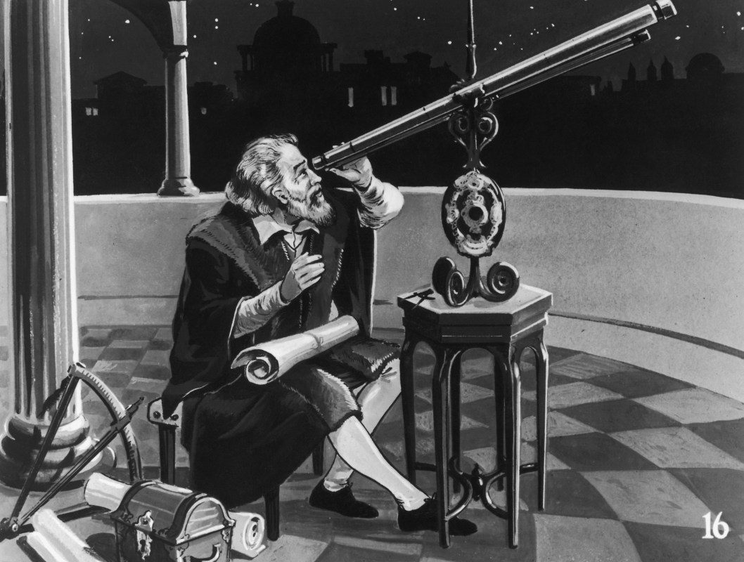 Italian astronomer and physicist, Galileo Galilei (1564 - 1642) using a telescope, circa 1620. A recently rediscovered letter sent by Galileo fills in an important part of the history of his greatest scientific revelation. (Photo by Hulton Archive/Getty Images)