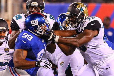 22 AUG 2015: New York Giants defensive tackle Cullen Jenkins (99) battles Jacksonville Jaguars tackle Jermey Parnell (78) during the second quarter of the game between the New York Giants and the Jacksonville Jaguars played at MetLife Stadium in East Rutherford,NJ. (Photo by Rich Graessle/Icon Sportswire/Corbis via Getty Images)