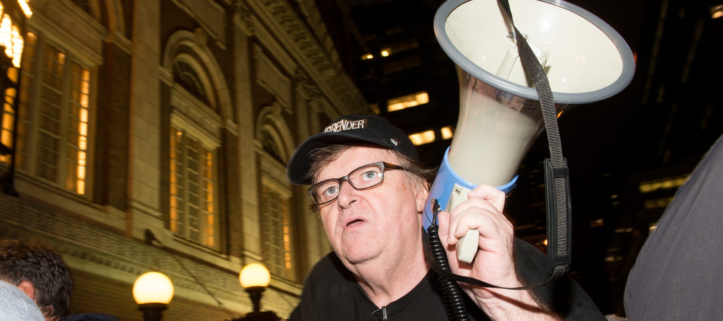 Michael Moore leads his Broadway audience to Trump Tower to protest President Donald Trump on August 15, 2017 in New York City. (Photo by Noam Galai/Getty Images for for DKC/O&M)