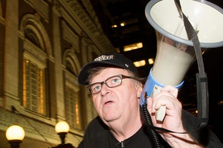 Michael Moore leads his Broadway audience to Trump Tower to protest President Donald Trump on August 15, 2017 in New York City.  (Photo by Noam Galai/Getty Images for for DKC/O&M)
