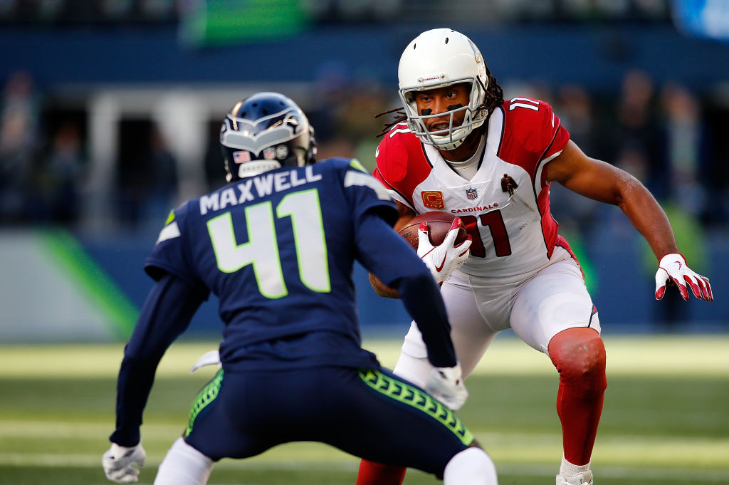 SEATTLE, WA - DECEMBER 31:  Larry Fitzgerald #11 of the Arizona Cardinals against the Seattle Seahawks at CenturyLink Field on December 31, 2017 in Seattle, Washington.  (Photo by Jonathan Ferrey/Getty Images)