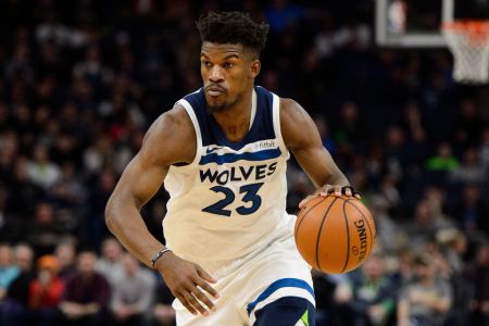 MINNEAPOLIS, MN - FEBRUARY 13: Jimmy Butler #23 of the Minnesota Timberwolves drives to the basket against the Houston Rockets during the game on February 13, 2018 at the Target Center in Minneapolis, Minnesota. (Photo by Hannah Foslien/Getty Images)