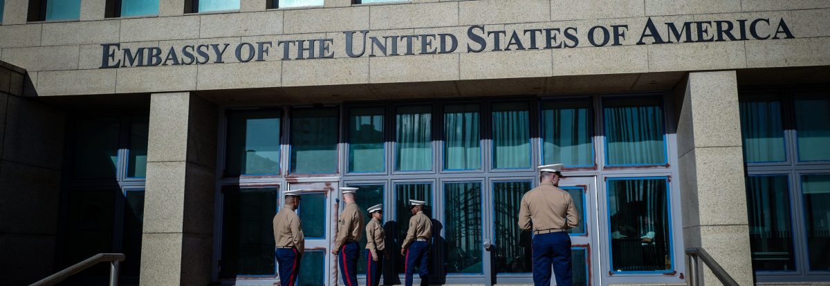 US Marines stand outside the Embassy of the United State of America in Havana, on February 21, 2018. (ADALBERTO ROQUE/AFP/Getty Images)