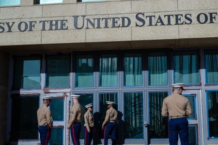 US Marines stand outside the Embassy of the United State of America in Havana, on February 21, 2018. (ADALBERTO ROQUE/AFP/Getty Images)