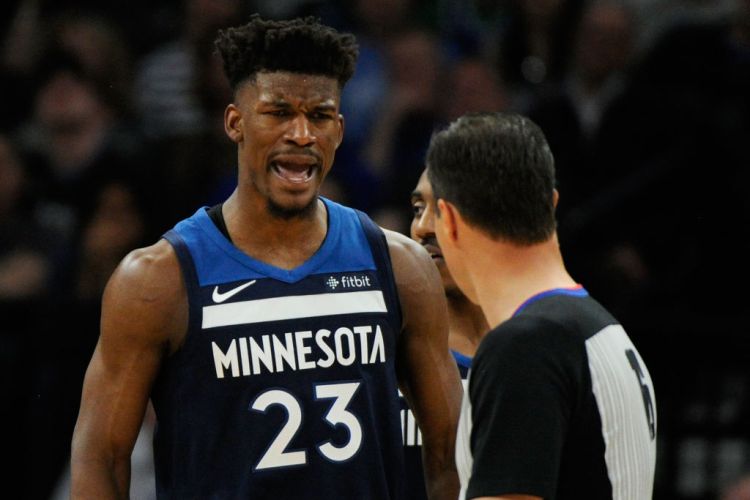 MINNEAPOLIS, MN - APRIL 23: Jimmy Butler #23 of the Minnesota Timberwolves reacts to being called for a foul against the Houston Rockets during the third quarter in Game Four of Round One of the 2018 NBA Playoffs on April 23, 2018 at the Target Center in Minneapolis, Minnesota. (Photo by Hannah Foslien/Getty Images)