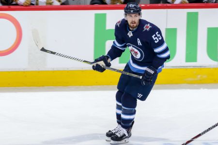 WINNIPEG, MB - MAY 20: Mark Scheifele #55 of the Winnipeg Jets keeps an eye on the play during second period action against the Vegas Golden Knights in Game Five of the Western Conference Final during the 2018 NHL Stanley Cup Playoffs. (Photo by Jonathan Kozub/NHLI via Getty Images)