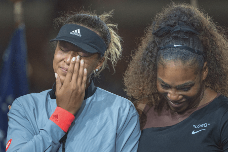 Serena Williams consoling 2018 US Open champion Naomi Osaka (left) after their match, September 8, 2018. (Photo by Tim Clayton/Corbis via Getty Images)
