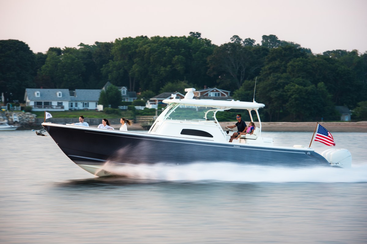 The high-performance Hinckley 40C, the initial model from the company's new Sport Boat line, boasts a 63mph top speed and a sticker price of $735,000. (Photo credit: courtesy of Hinckley)