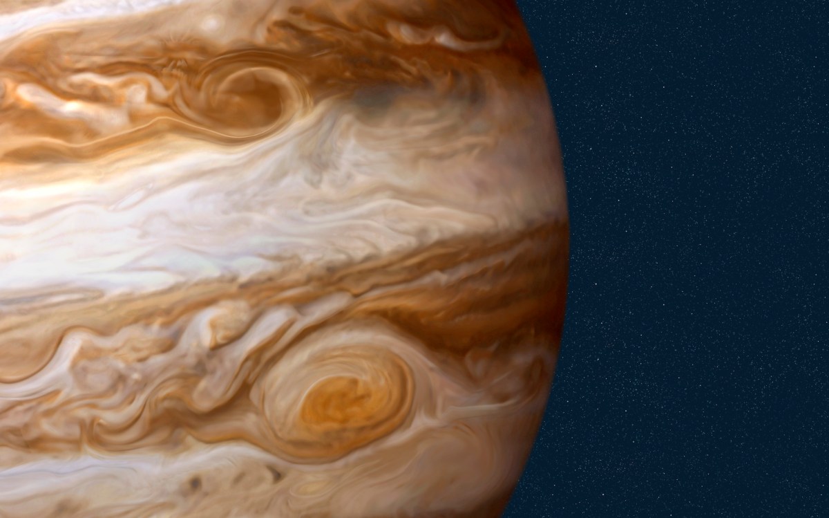 Jupiter, The largest planet in the solar system is 1,400 times the size of Earth, and its mass is 2.5 times that of all of the other planets combined. Jupiter could almost have become a star, since its elements are similar to the SunÍs: 90% hydrogen and 10% helium, with traces of methane, water, ammonia, and rocky dust. (Photo by: QAI Publishing/UIG via Getty Images)