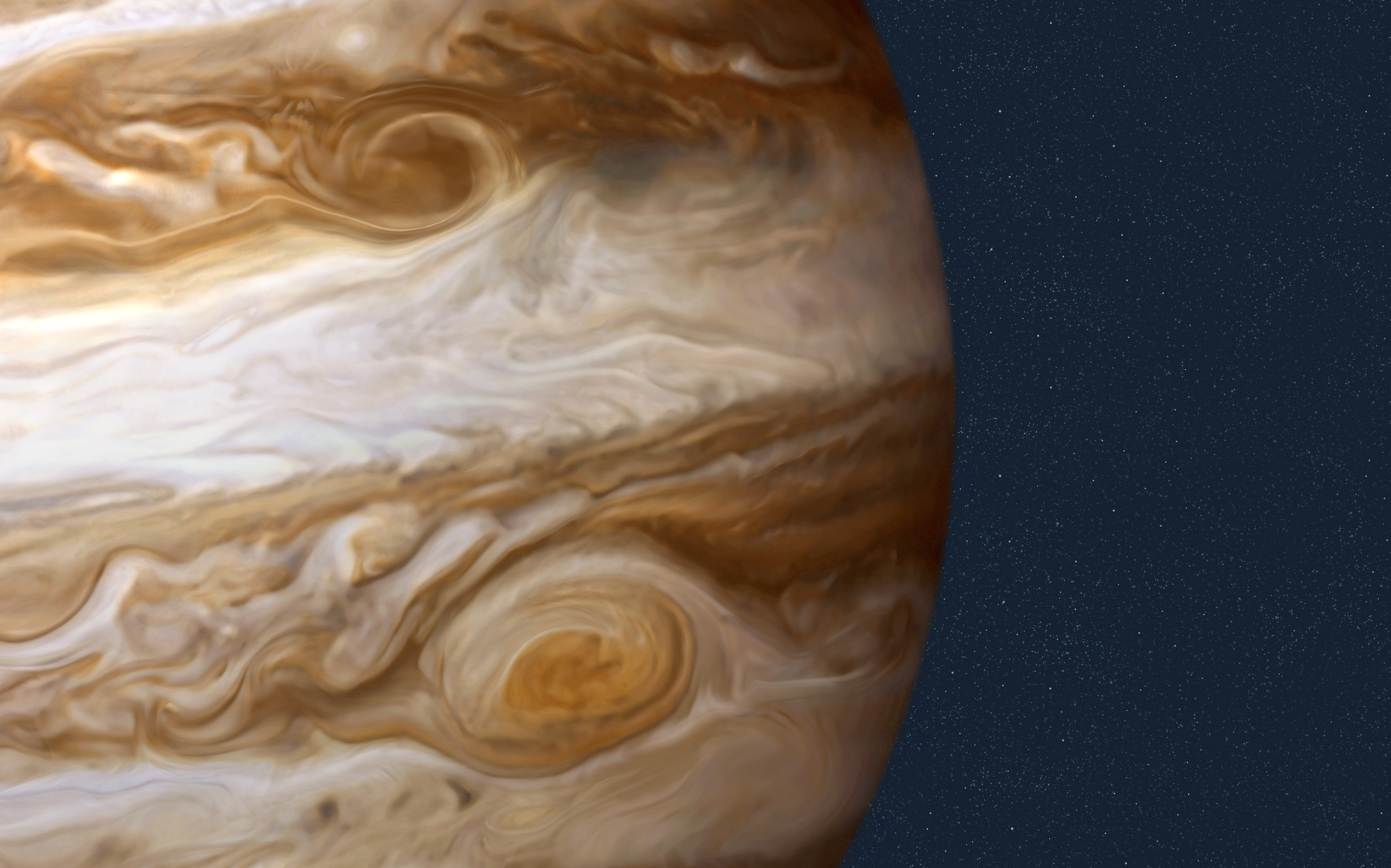 Jupiter, The largest planet in the solar system is 1,400 times the size of Earth, and its mass is 2.5 times that of all of the other planets combined. Jupiter could almost have become a star, since its elements are similar to the SunÍs: 90% hydrogen and 10% helium, with traces of methane, water, ammonia, and rocky dust. (Photo by: QAI Publishing/UIG via Getty Images)