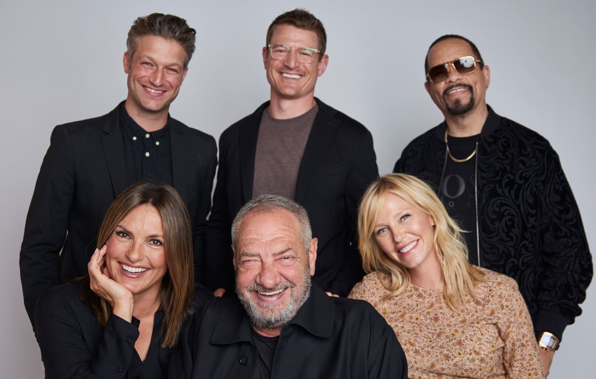 Mariska Hargitay, Peter Scanavino, Dick Wolf, Kelli Giddish, Ice-T, and Philip Winchester of NBC's Law & Order: SVU pose for a portrait during the 2018 Tribeca TV Festival on September 20, 2018 in New York City. The mercurial show is entering its 20th season. (Photo by Matt Doyle/Getty Images)
