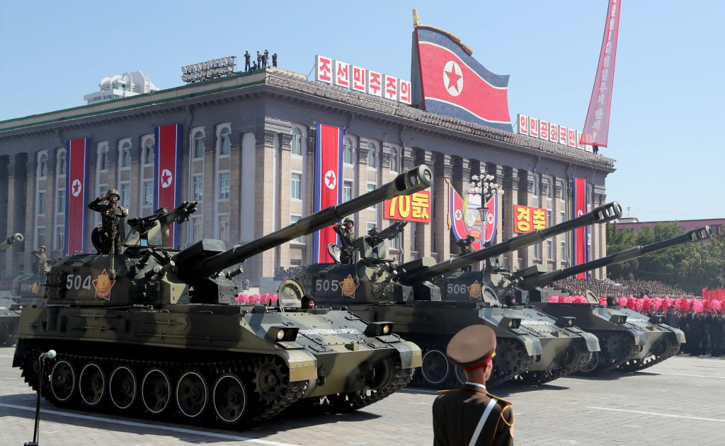 Artillery units marking the 70th anniversary of the foundation of North Korea in a parade that did not feature any long-rang ballistic missiles. (Photo by Alexander DemianchukTASS via Getty Images)