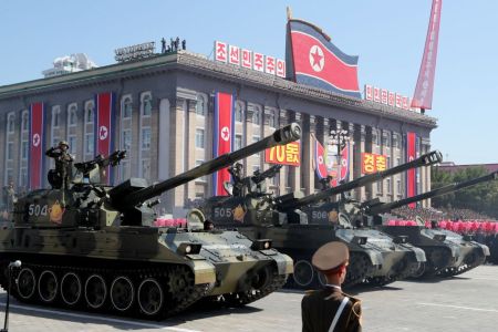 Artillery units marking the 70th anniversary of the foundation of North Korea in a parade that did not feature any long-rang ballistic missiles. (Photo by Alexander DemianchukTASS via Getty Images)