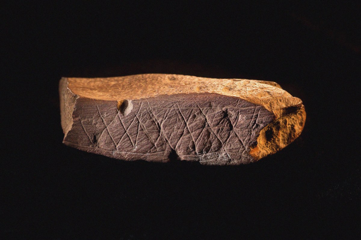 Engraved Ocher Plaque from Blombos Cave, South Africa. The oldest artifact of mankind, 70th millennium BC. Found in the collection of Smithsonian Institution Archives. (Photo by Fine Art Images/Heritage Images/Getty Images)