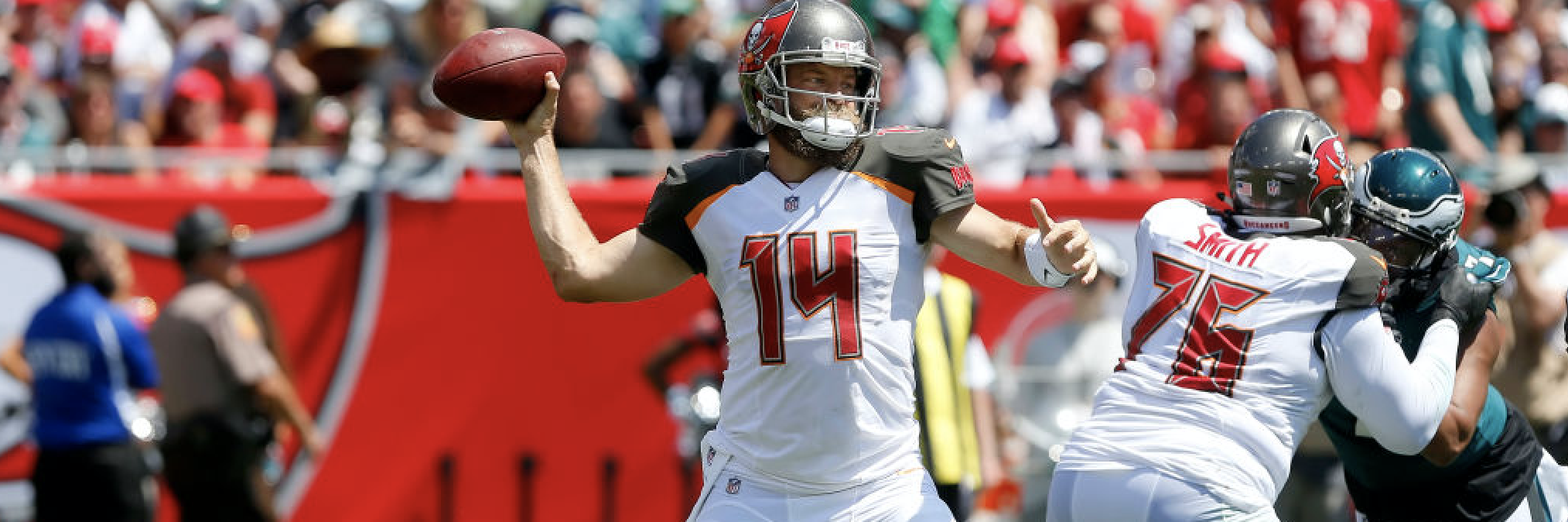 TAMPA, FL - SEP 16: Ryan Fitzpatrick (14) of the Bucs throws the ball downfield during the regular season game between the Jacksonville Jaguars and the Tampa Bay Buccaneers on September 16, 2018 at Raymond James Stadium in Tampa, Florida. (Photo by Cliff Welch/Icon Sportswire via Getty Images)