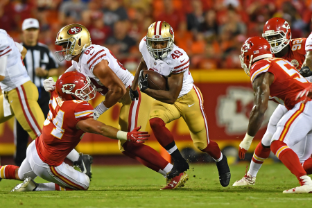 KANSAS CITY, MO - AUGUST 11: Running back Matt Breida #49 of the San Francisco 49ers rushes against the Kansas City Chiefs during the second half of a preseason game on August 11, 2017 at Arrowhead Stadium in Kansas City, Missouri. (Photo by Peter G. Aiken/Getty Images)