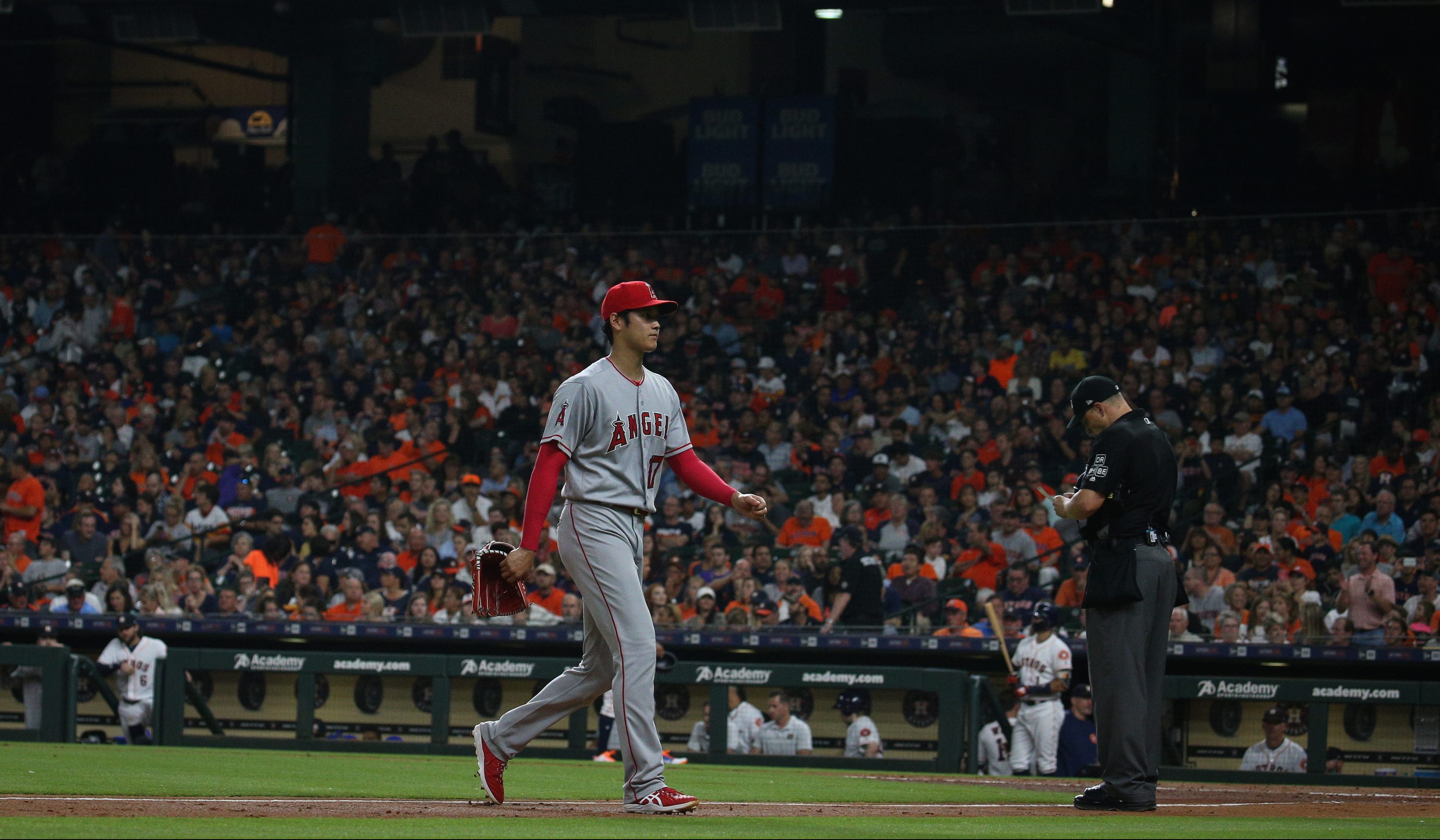 Shohei Ohtani of the Los Angeles Angels leaves the game against the Houston Astros at Minute Maid Park on Sunday, September 2, 2018 in Houston, Texas. (Loren Elliott/MLB Photos via Getty Images)