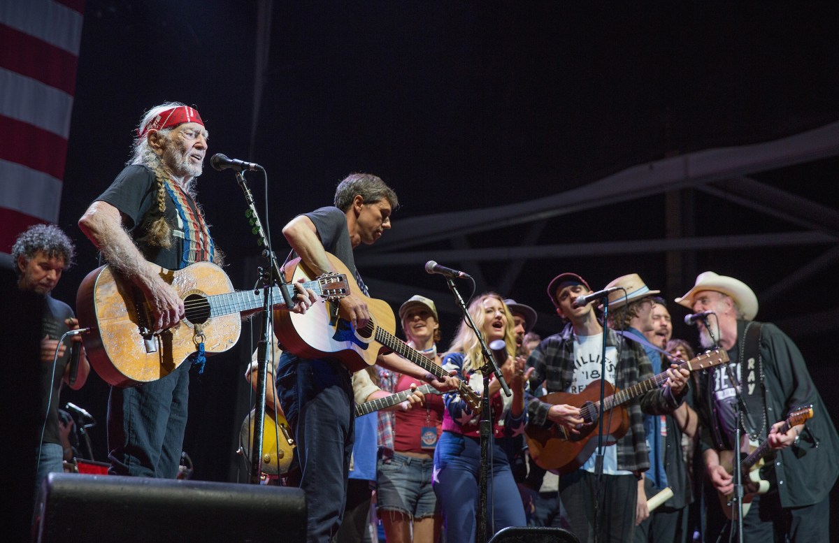 (L-R) Mickey Raphael, Willie Nelson, Beto O'Rourke, Casey Kristofferson, Margo Price, Micah Nelson, and Ray Benson perform onstage with Willie Nelson and Family during the 45th Annual Willie Nelson 4th of July Picnic at Austin360 Amphitheater on July 4, 2018 in Austin, Texas.  (Photo by Rick Kern/WireImage)