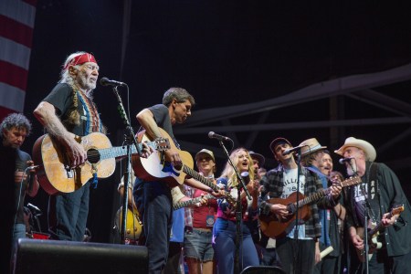 (L-R) Mickey Raphael, Willie Nelson, Beto O'Rourke, Casey Kristofferson, Margo Price, Micah Nelson, and Ray Benson perform onstage with Willie Nelson and Family during the 45th Annual Willie Nelson 4th of July Picnic at Austin360 Amphitheater on July 4, 2018 in Austin, Texas.  (Photo by Rick Kern/WireImage)
