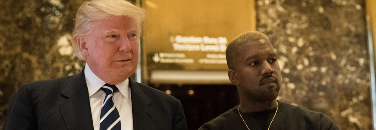 President-elect Donald Trump and Kanye West stand together in the lobby at Trump Tower, December 13, 2016 in New York City. President-elect Donald Trump and his transition team are in the process of filling cabinet and other high level positions for the new administration. (Photo by Drew Angerer/Getty Images)