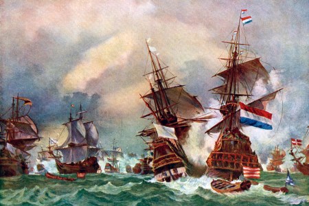 The Battle of Texel, 1673 (c1920). In 1653, the Dutch admiral Maarten Tromp was killed in a battle with the English navy off the coast of Texel, Holland. Illustration from Story of the British Nation, volume III, by Walter Hutchinson (London, c1920s). The term "going Dutch" has its origins in contentious 17th Century British-Dutch relations. (Photo by The Print Collector/Print Collector/Getty Images)