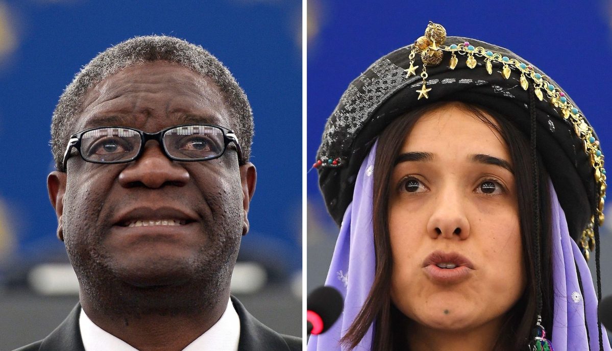 This combination created on October 5, 2018 of file pictures shows Congolese gynaecologist Denis Mukwege (L, on November 26, 2014 at the European Parliament in Strasbourg) and Nadia Murad, public advocate for the Yazidi community in Iraq and survivor of sexual enslavement by the Islamic State jihadists (on December 13, 2016 at the European parliament in Strasbourg). Congolese doctor Denis Mukwege and Yazidi campaigner Nadia Murad won the 2018 Nobel Peace Prize on October 5, 2018 for their work in fighting sexual violence in conflicts around the world.  (Photo by FREDERICK FLORIN/AFP/Getty Images)