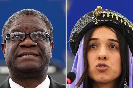 This combination created on October 5, 2018 of file pictures shows Congolese gynaecologist Denis Mukwege (L, on November 26, 2014 at the European Parliament in Strasbourg) and Nadia Murad, public advocate for the Yazidi community in Iraq and survivor of sexual enslavement by the Islamic State jihadists (on December 13, 2016 at the European parliament in Strasbourg). Congolese doctor Denis Mukwege and Yazidi campaigner Nadia Murad won the 2018 Nobel Peace Prize on October 5, 2018 for their work in fighting sexual violence in conflicts around the world.  (Photo by FREDERICK FLORIN/AFP/Getty Images)