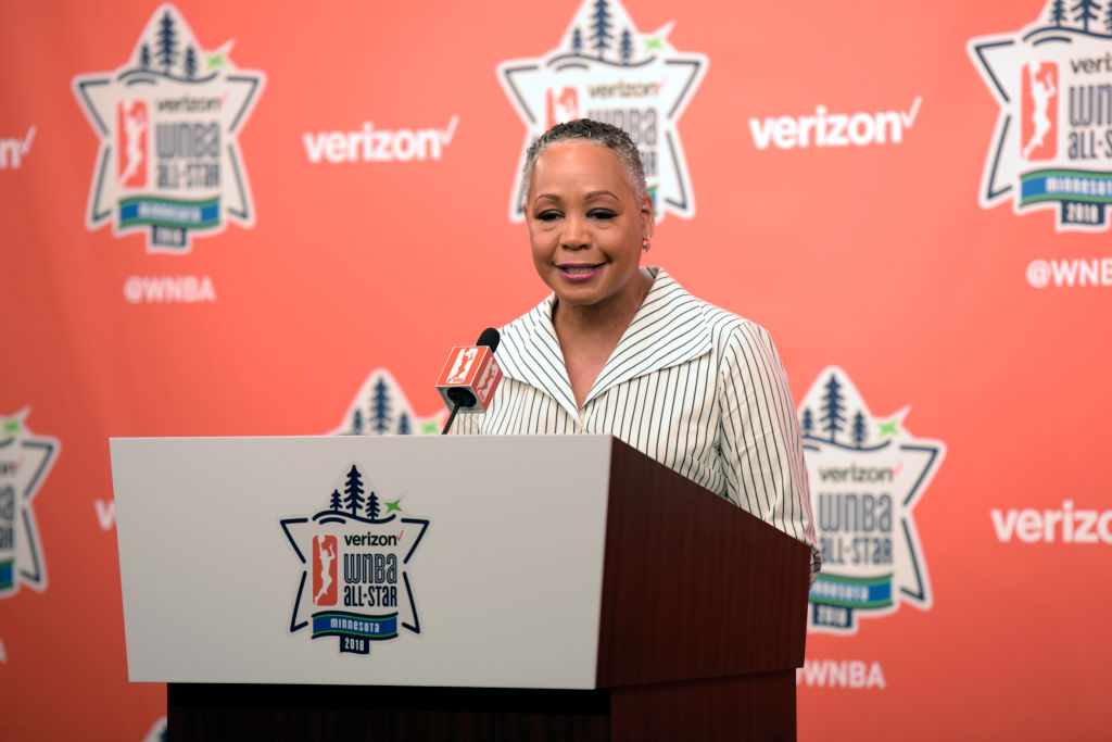 MINNEAPOLIS, MN - JULY 28:  Lisa Borders speaks to the media prior to the Verizon WNBA All-Star Game on July 28, 2018 at the Target Center in Minneapolis, Minnesota. (Photo by Steel Brooks/NBAE via Getty Images)