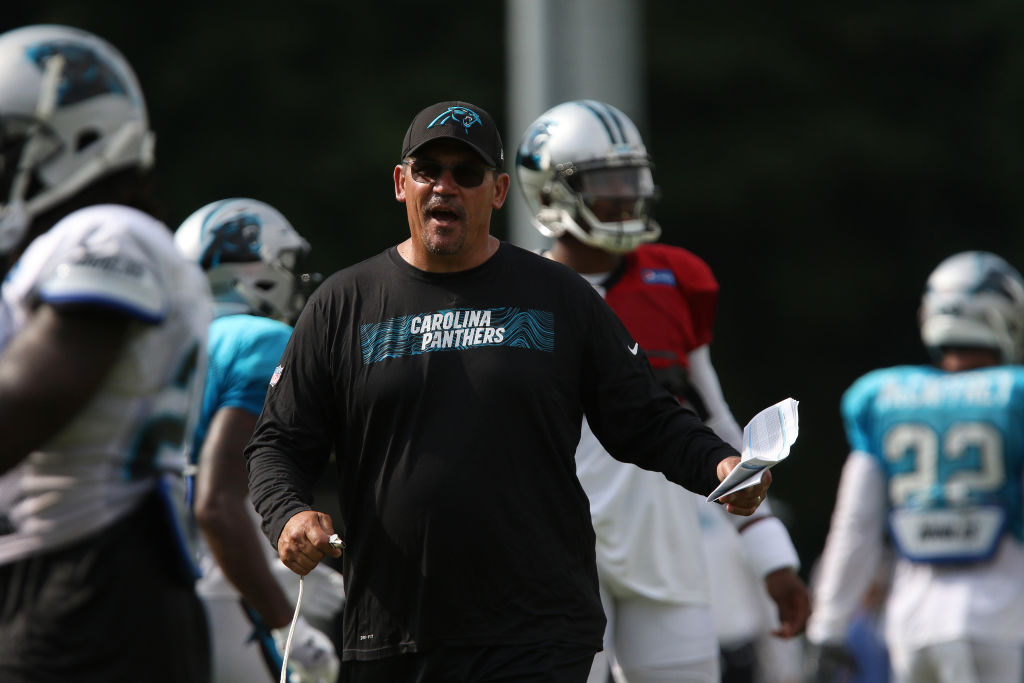 SPARTANBURG, SC - JULY 30: Head Coach Ron Rivera Carolina Panthers gives direction between scrimmage plays at the Carolina Panthers training camp Monday July 30, 2018 at Wofford College in Spartanburg, S.C. (Photo by John Byrum/Icon Sportswire via Getty Images)