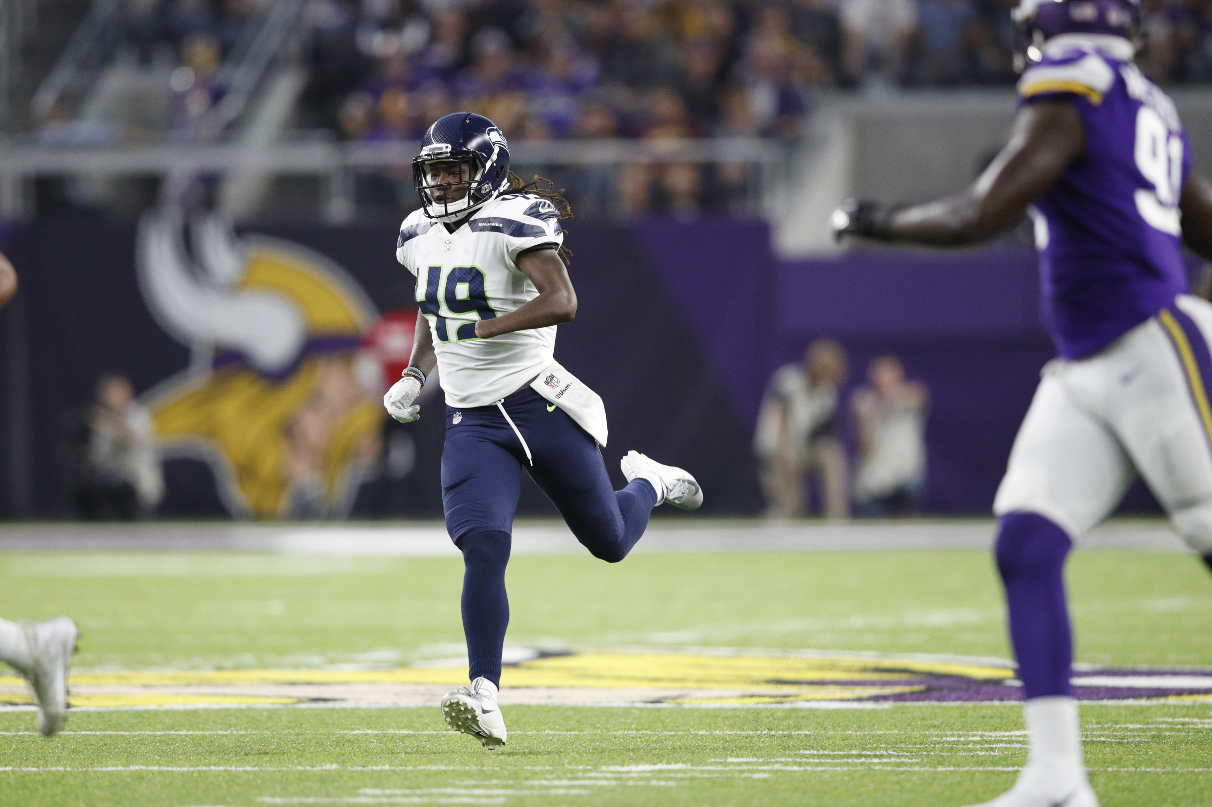 MINNEAPOLIS, MN - AUGUST 24: Shaquem Griffin #49 of the Seattle Seahawks in action during a preseason game against the Minnesota Vikings at U.S. Bank Stadium on August 24, 2018 in Minneapolis, Minnesota. (Photo by Joe Robbins/Getty Images)