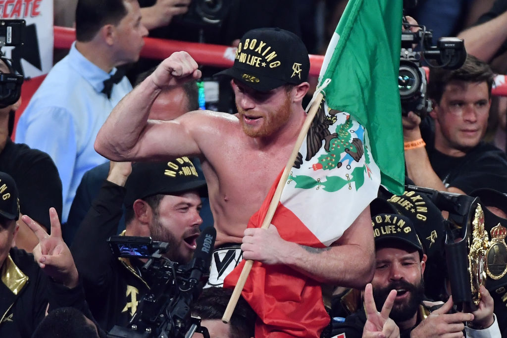 LAS VEGAS, NV - SEPTEMBER 15:  Canelo Alvarez celebrates after his majority-decision win over Gennady Golovkin during their WBC/WBA middleweight title fight at T-Mobile Arena on September 15, 2018 in Las Vegas, Nevada.  (Photo by Ethan Miller/Getty Images)