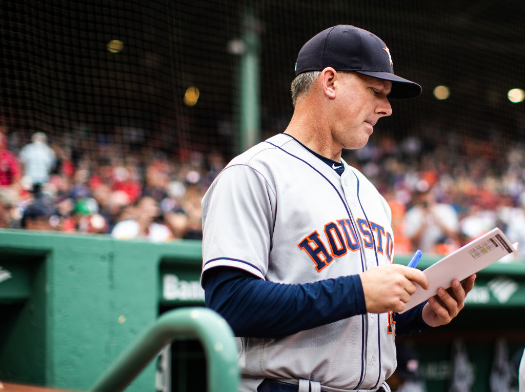 BOSTON, MA - SEPTEMBER 08:  Manager AJ Hinch #14 of the Houston Astros looks on during the game against the Boston Red Sox at Fenway Park on Saturday September 8, 2018 in Boston, Massachusetts. (Photo by Rob Tringali/SportsChrome/Getty Images)