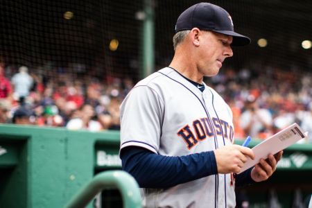 BOSTON, MA - SEPTEMBER 08:  Manager AJ Hinch #14 of the Houston Astros looks on during the game against the Boston Red Sox at Fenway Park on Saturday September 8, 2018 in Boston, Massachusetts. (Photo by Rob Tringali/SportsChrome/Getty Images)
