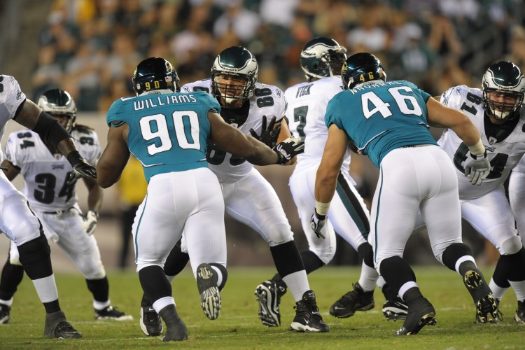 PHILADELPHIA - AUGUST 13: Guard Dallas Reynolds #66 of the Philadelphia Eagles blocks during the preseason game against the Jacksonville Jaguars on August 13, 2010 at Lincoln Financial Field in Philadelphia, Pennsylvania. The Eagles won 28-27. (Photo by Drew Hallowell/Getty Images)