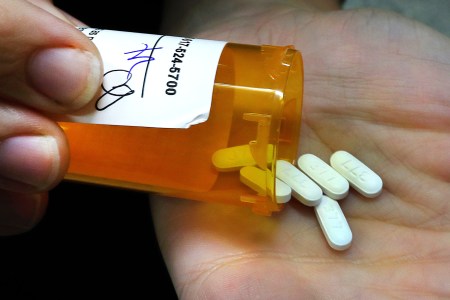 BOSTON: A pharmacist at Angell Animal Medical Center, empties a prescription bottle of opioid painkillers that she filled. (Photo by John Tlumacki/The Boston Globe via Getty Images)