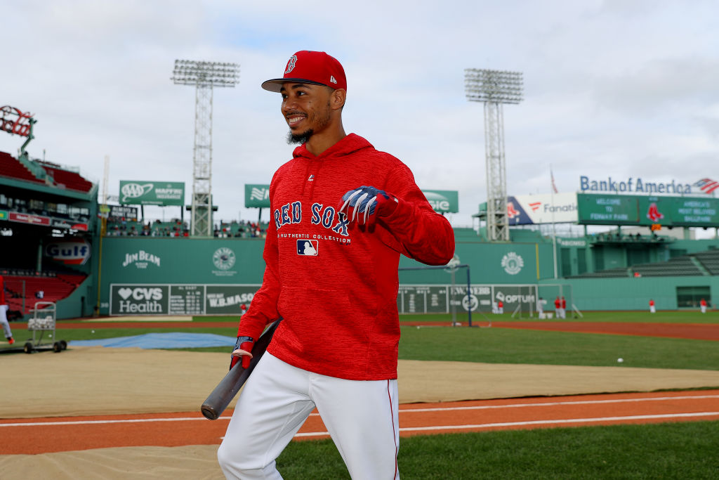 BOSTON, MA - SEPTEMBER 28:  Mookie Betts #50 of the Boston Red Sox looks on prior to the game against the New York Yankees at Fenway Park on Friday September 28, 2018 in Boston, Massachusetts. (Photo by Alex Trautwig/MLB Photos via Getty images)