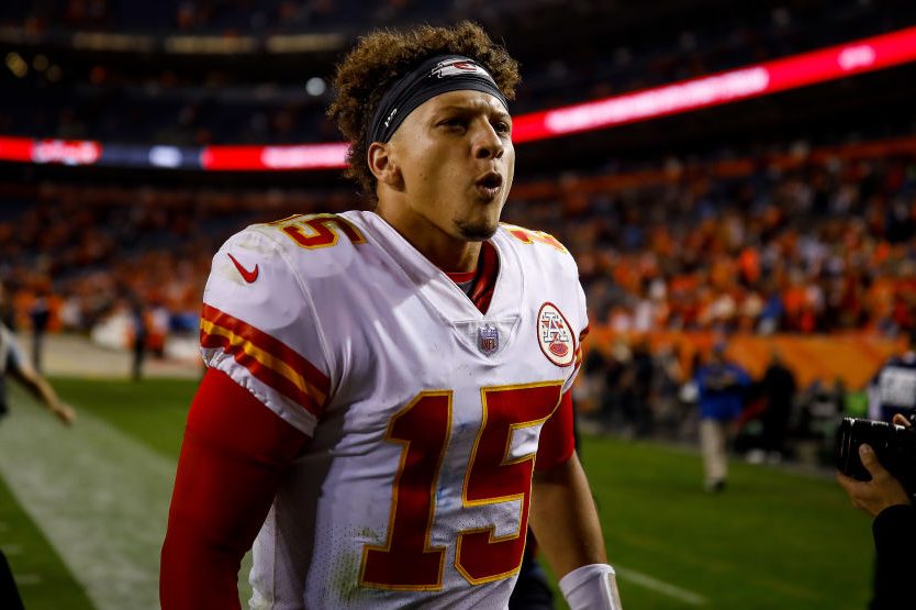Patrick Mahomes celebrates a 27-23 win over Denver. (Justin Edmonds/Getty)
