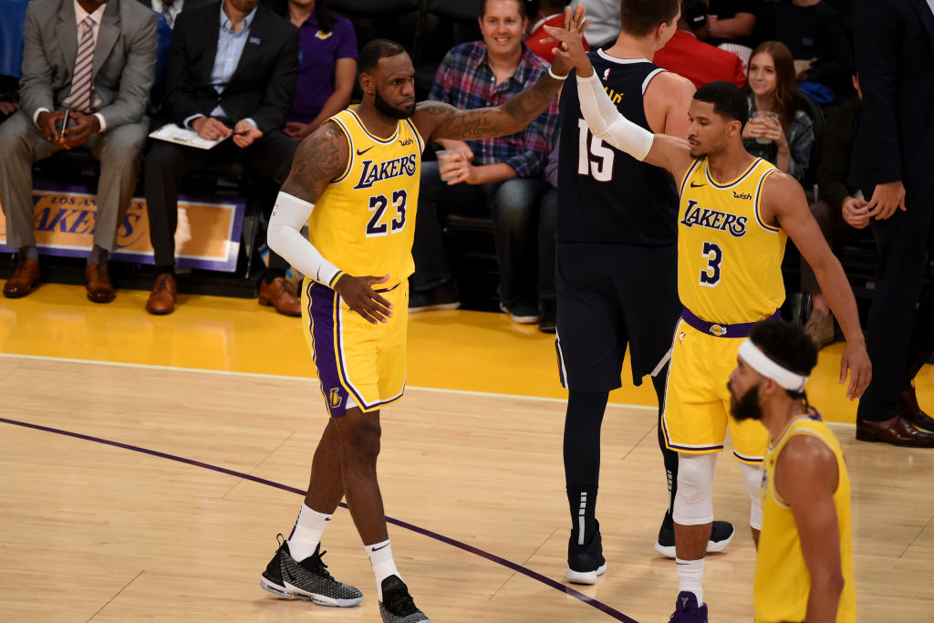 LOS ANGELES, CA - OCTOBER 2: LeBron James #23 and Josh Hart #3 of the Los Angeles Lakers react during a pre-season game against the Denver Nuggets on October 2, 2018 at Staples Center in Los Angeles, California. (Photo by Adam Pantozzi/NBAE via Getty Images)